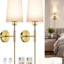 NookNova Battery Operated Wall Sconce Set of 2, 13000mAh Rechargeable Battery Powered Sconces with Remote Dimmable Fabric Shade Wireless Sconces Fixture for Bedroom Living Room (Gold+Beige)