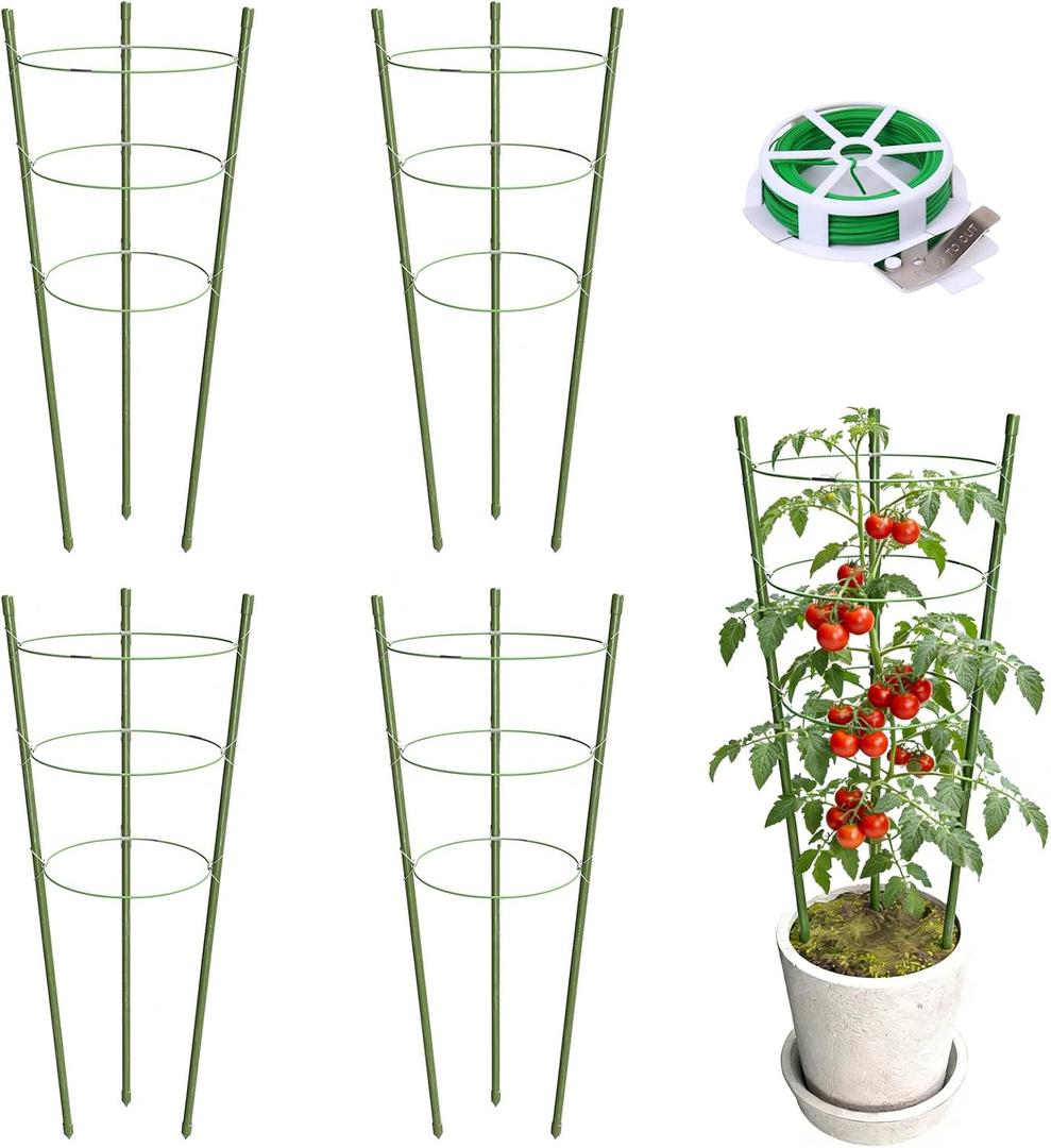 TOCCYARD 4 Pack Plant Support Tomato Cages for Garden, 24 Inches Tomato Cages and Supports with Adjustable Rings for Garden Pots, Plant Stakes Tomato Trellis Rings for Climbing Plants