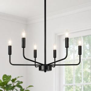 6-Light Black Chandelier, Modern Farmhouse Candle Chandelier, 22" Industrial Metal Hanging Light Fixture for Dining Room Kitchen Island Bedroom Living Room Entryway