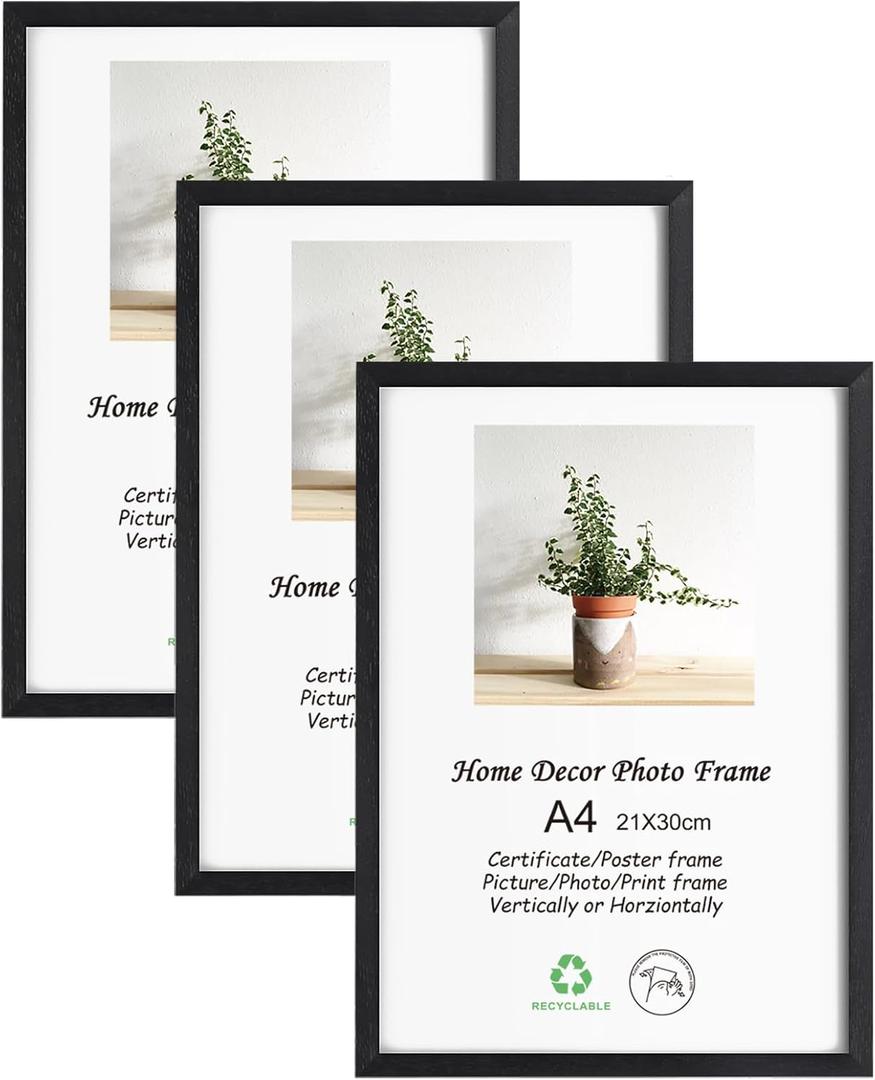 LYYYXGYP A4 Picture Frame Set of 3 Black Solid Wood Poster Painting A4 Paper 8.3x11.7 Diploma Certificate Frames with Plexiglass for Wall Hanging and Tabletop Display, 8.3x11.7-3PK
