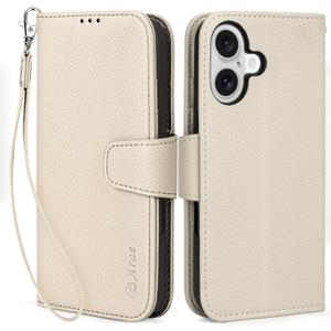 Arae Compatible with iPhone 16 Case Wallet with Card Holder, Wristlet Strap Wallet Flip Cover for iPhone 16 6.1 inch Men/Women, RFID Blocking, Kickstand, Litchi Beige