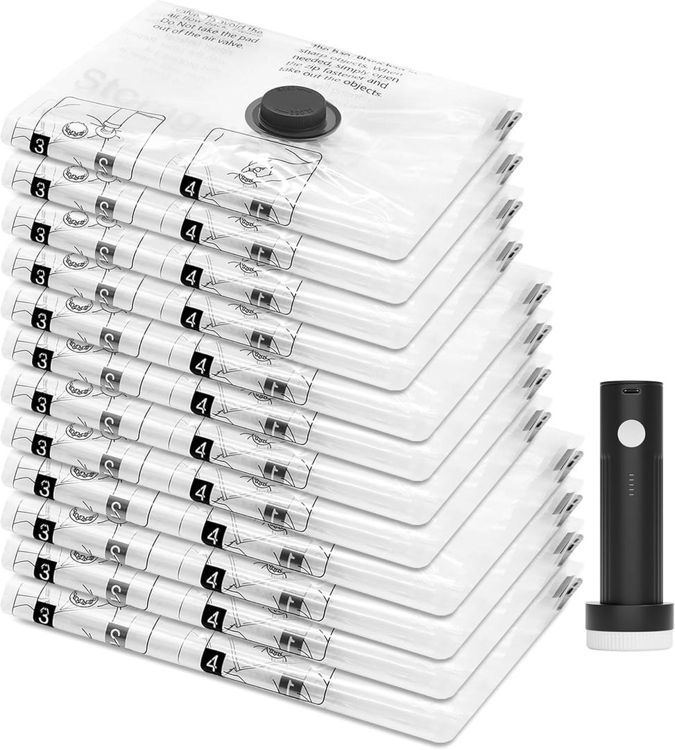 12 Pack Travel Vacuum Storage Bags with Portable Electric Pump, Compression Packing Seal Space Saver Cubes for Clothing Clothes Suitcase Luggage Organizer