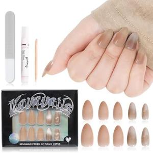 VAVAVAILS Almond Press on Nails, Reusable, Long Lasting Fake Nails Semi-Transparent Medium Length, Glitter Manicure Set for Women, 12 Sizes - 24 Pcs with Glue & Jelly Gel, Cat Eye Nude Brown