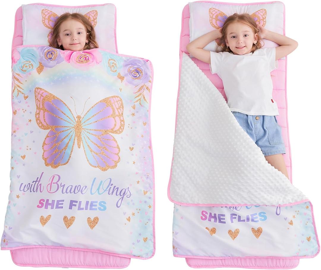 Extra Large Toddler Nap mat by Cokouchyi, Toddler Sleeping Bag with Removable Pillow, Measures 53 x 21 x 1.5 Inches, Sleeping Mat, Ideal for Daycare and Preschool Kindergarten (Butterfly)