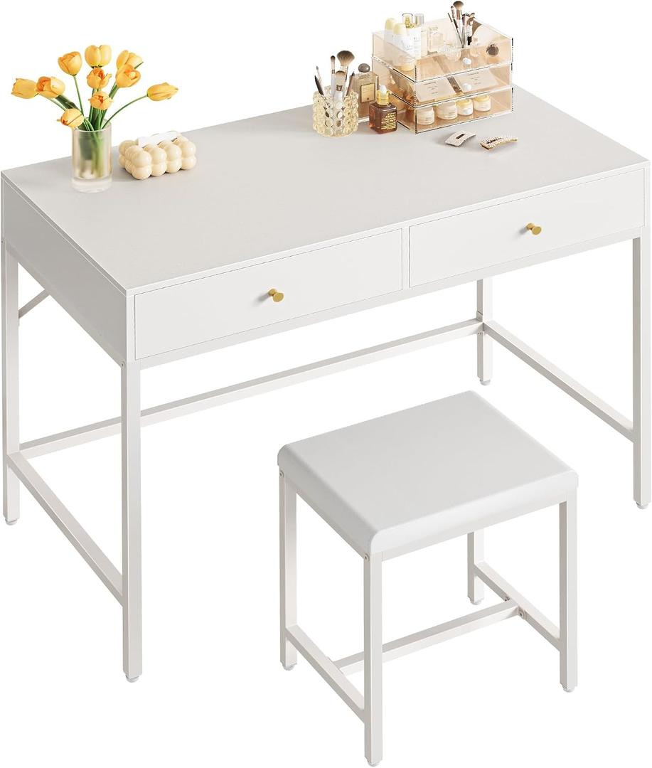 SUPERJARE 35.4" White Desk with 2 Drawers, Modern Makeup Vanity with Padded Stool, Small Computer Desk Home Office Desk for Writing Study Bedroom