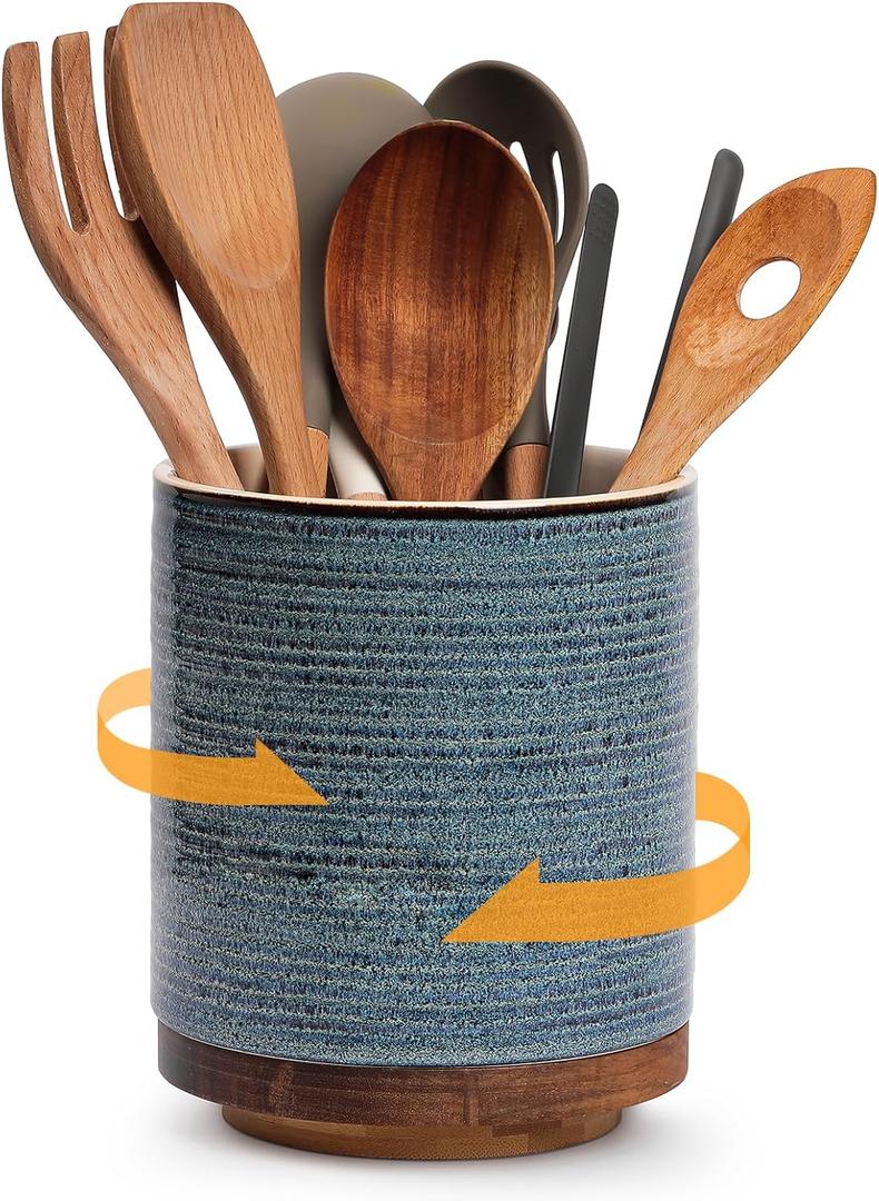 DOWAN 360 Rotating Extra Large Cooking Utensil Holder, 7.6" Kitchen Utensil Holder for Countertop, Utensil Crock for Farmhouse Kitchen Decor, Ceramic Stable Utensil Caddy, Blue