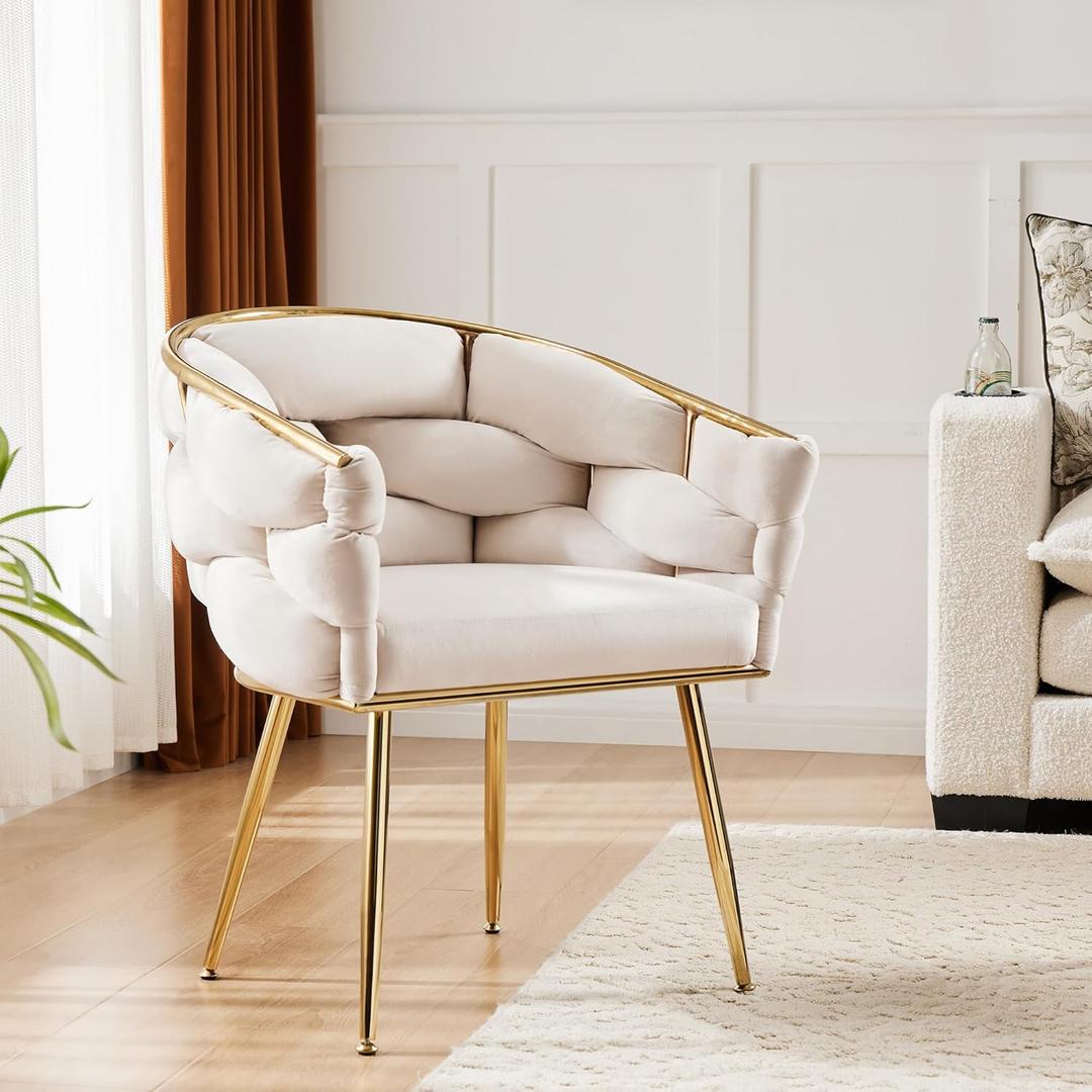 Luxury French Weave Accent Chair with Metal Legs, Mid Century Modern Lounge Chair for Living Room Bedroom Office, Industrial Chic Design Soft Cushion Sturdy Frame 350lb Capacity, White