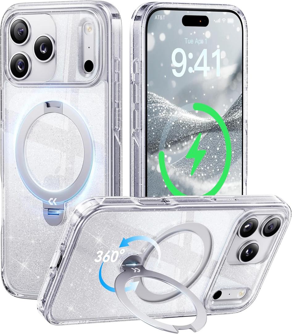CASEKOO Clear Pearl Sparkle 360 Spin Magnetic Stand for iPhone 17 Pro Case for Women, Fit for MagSafe, 17FT Drop Protection, Chic Design for 17 Pro Case with Stand, Sparkle Clear