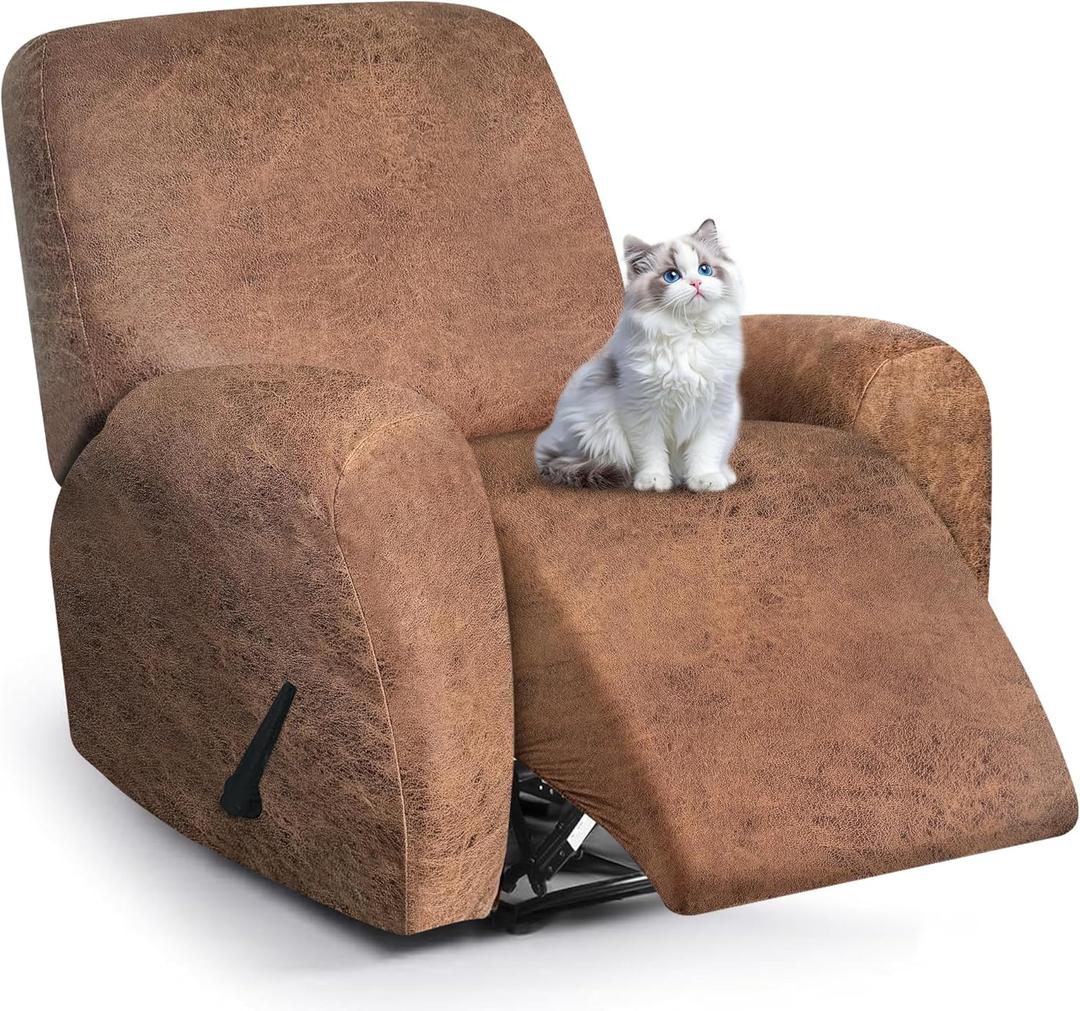 Leather Look Recliner Chair Covers, 4-Pieces Stretch Recliner Cover, Soft Reclining Chair Slipcover, Washable Furniture Protector for Large Lazy Boy Recliner (1 XL Seater, 06 Brown)