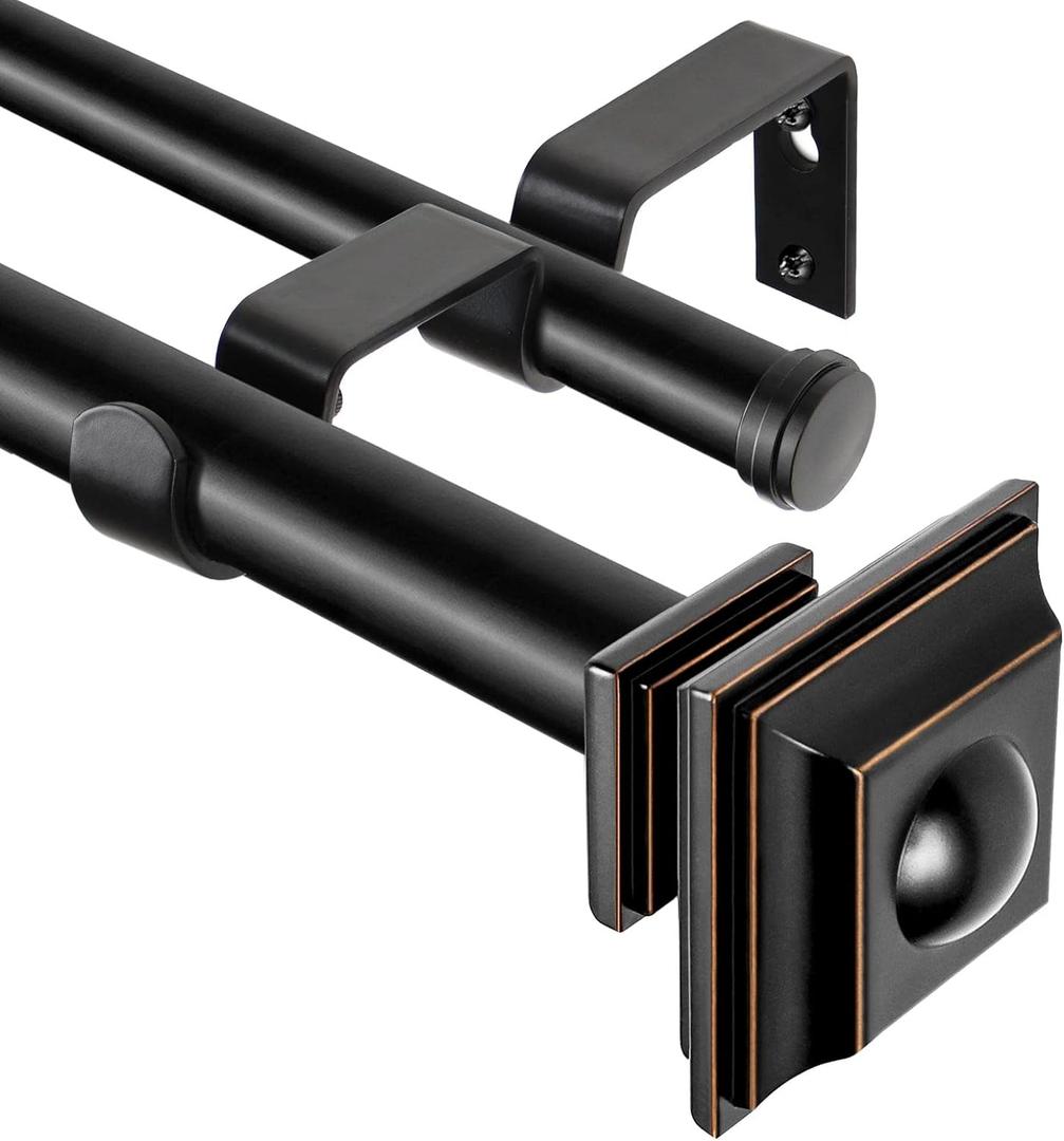 KAMANINA 1 Inch Double Curtain Rod 36 to 72 Inches (3-6 Feet) Telescoping Black Curtain Rods for Windows 24 to 68 Inches, Heavy Duty Drapery Rods with Square Finials