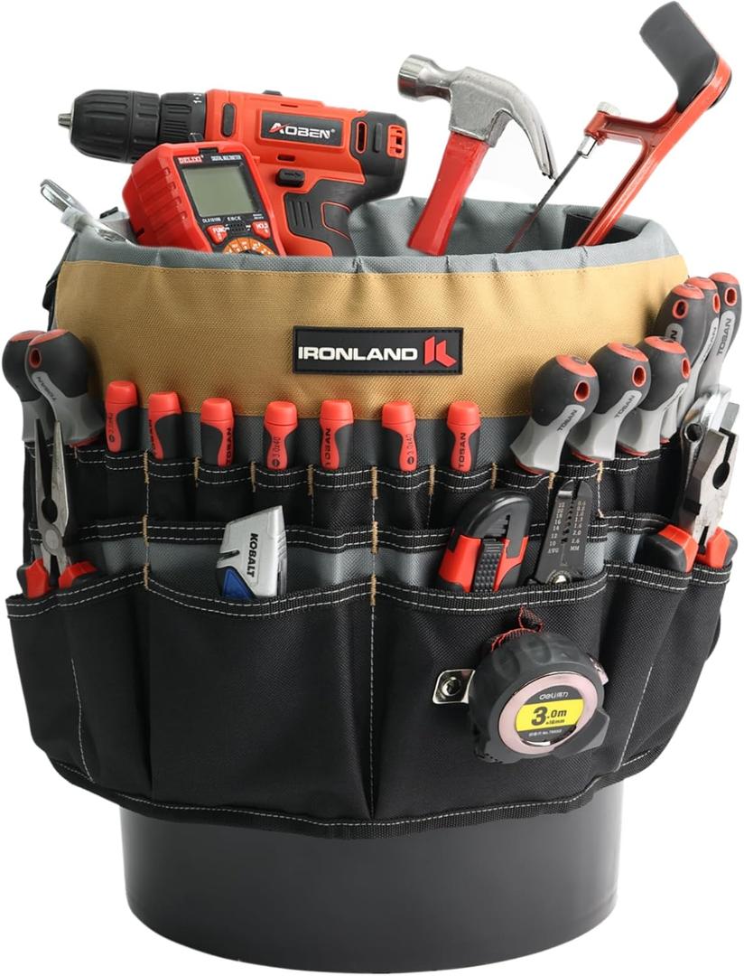 IRONLAND Bucket Tool Organizer Fit 3.5-5 Gallon Bucket, 51 Pockets, Bucket Tool Caddy Organization for Garden, Construction, Carpenter, Electrician, Builder KAH & Black (Medium, Khaki)