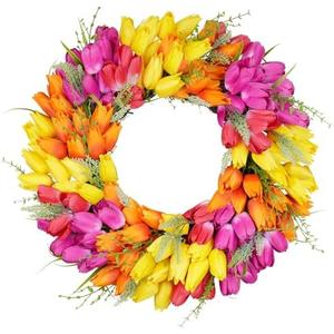 Vlorart Tulip Wreath for Front Door, 23 Inch Artificial Spring Summer Wreaths for Outside All Season with Green Leaves and Purple Flowers, Door Wreath for Farmhouse and Wedding Party Outdoor Decor