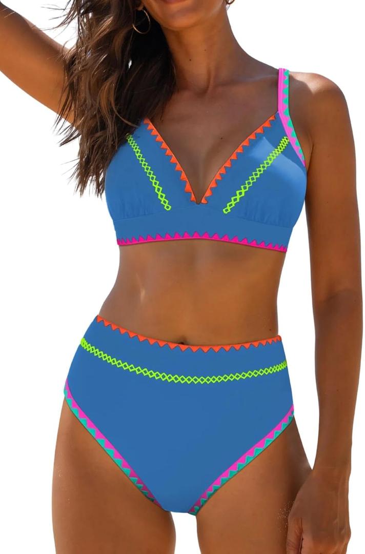 popvil High Waisted Bikini Sets for Women Tummy Control Swimsuits Two Piece Neon V Neck Drawstring Bathing Suits 2026 (Blue, M)
