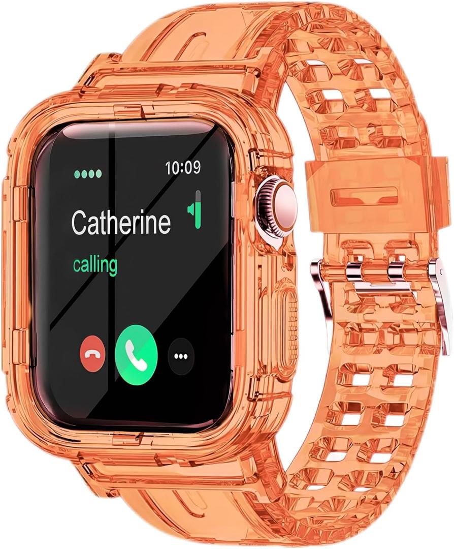 Clear Band Compatible for Apple Watch Band, Jelly Crystal Women Men Watch Bumper Case Strap for iWatch Series 9 8 7 6 5 4 3 2 1 SE (Orange), Size: 41mm/38mm/40mm