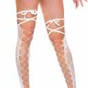 Violet Mist Women Fishnet Thigh High Stockings with Ties Sexy Hollow Out Sheer Pantyhose Nylon Over Knee High Hosiery Socks ( No Size )