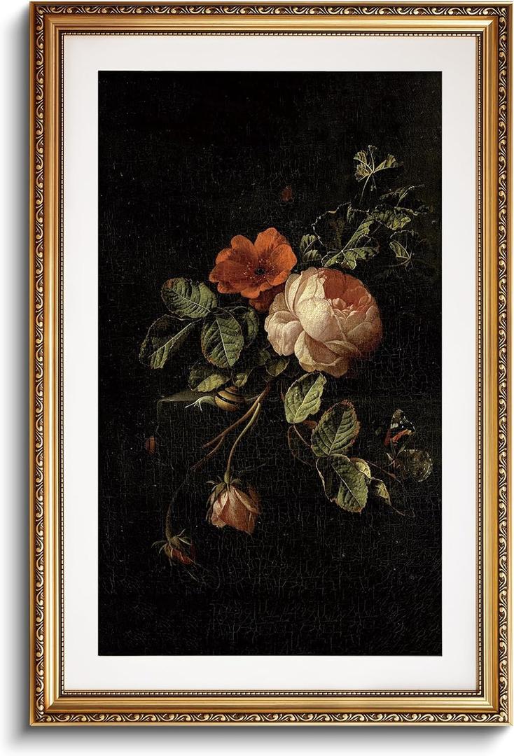 ARPEOTCY Vintage Gold Framed Large Wall Art, 24"x36" Floral Rose Retro Picture Paintings, Antique Canvas Artwork, Victorian Frame Wall Decor for Living Room Bedroom