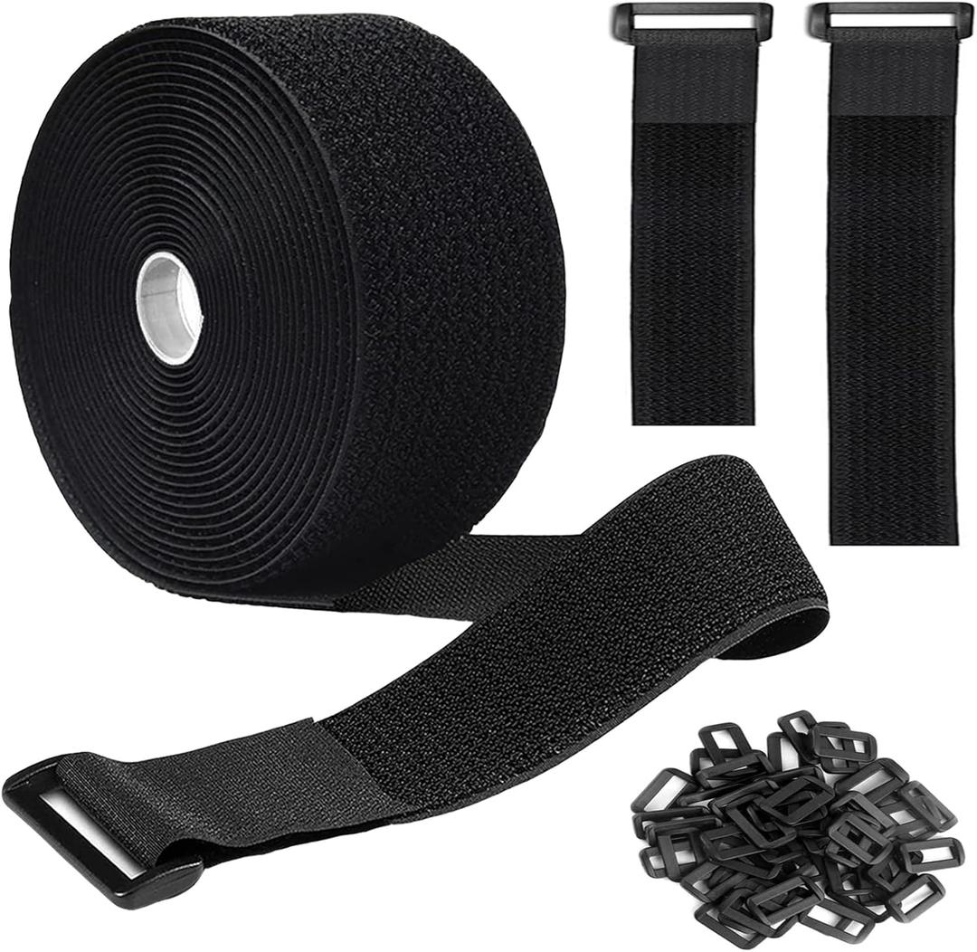 16Ft 2 inch Wide Cable Ties, Jumpso Heavy Duty Hook and Loop Straps with 15 Buckles, Adjustable Straps for Wire, Cord Wraps, Cable Management Storage Straps, Black