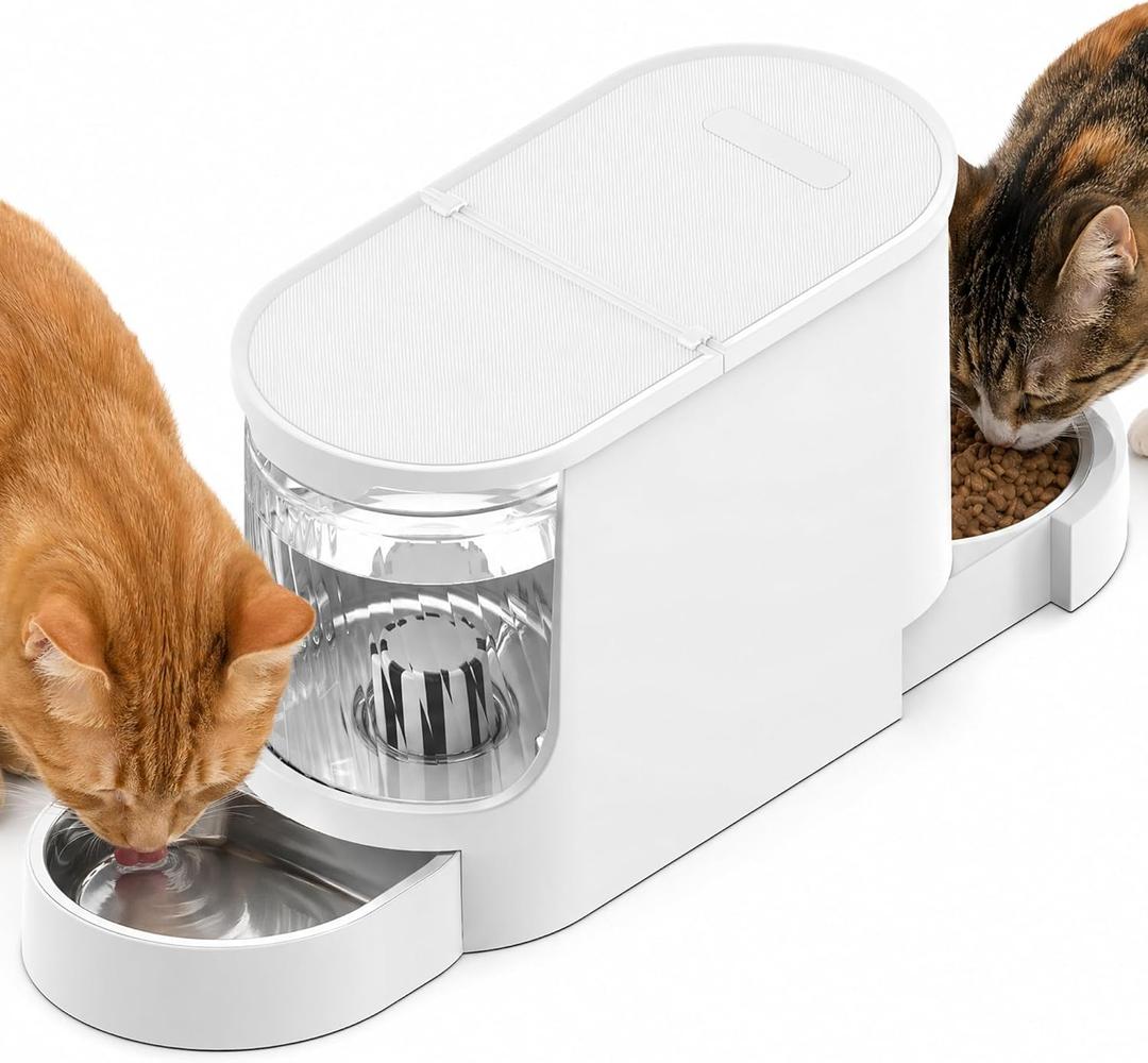 JUNSPOW Automatic Cat Feeder 2-in-1 Set, Gravity Cat Food Feeder and Water Dispenser, Dog Feeding & Watering Supply with Stailess Steel Bowls, Large Capacity Low Noise, White