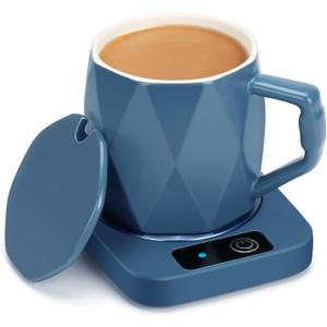 Electric Coffee Warmer with Ceramic Mug, 131 Fahrenheit Temperature Control, 16W Self-Heating Plate for Desk, Home, Office, Keeps Beverages Tea Milk Warm (Blue)