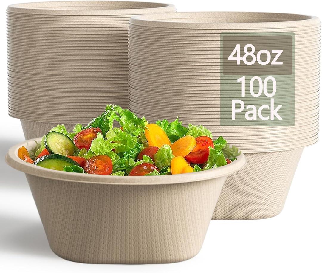 Homestockplus 48 Oz Natural Disposable Paper Bowls [100 Pack] - Heavy Duty, Eco-Friendly Compostable Salad Bowls for Organic Food, Farm to Table, Salad, BPA-Free, Microwave Safe (Unbleached)