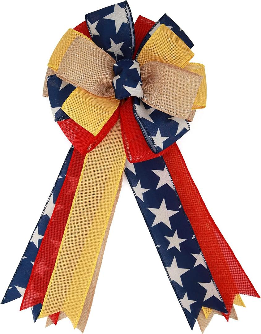Meseey 1 Pcs Large Red and Blue Patriotic Bow Yellow Deployment of Troops Ribbon Bow for Bunting Wreath Holiday Independence Day 4th of July Party Door Wall Decoration (Patriotic)