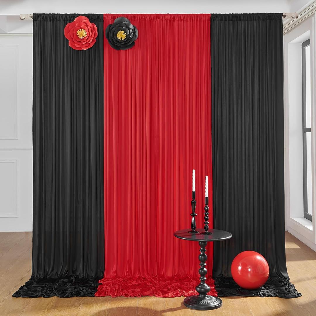 gogoparti 10x10ft Black and Red Backdrop Curtains Panels for Parties, 4 Panel 2.5x10ft Wedding Christmas Birthday Photography Background, Wrinkle Free Polyester Backdrop Curtains Drapes