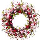 idyllic 22 Inch Valentine Green Leaf Heart-Shaped Berry Wreath, Pink Red Heart Berry Decor for Front Door Mantel Table Window Wall Wedding Porch Indoor Dinner Gift