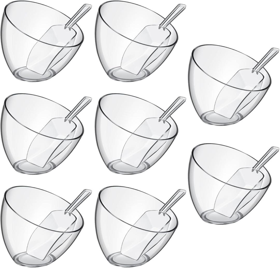 Hoolerry 16 Pcs Serving Bowls Kit Include Clear Plastic Bowls for Parties and Popcorn Measuring Scoops Acrylic Plastic Kitchen Angled Candy Scoops for Office Canister Salad Cooking (25 oz)