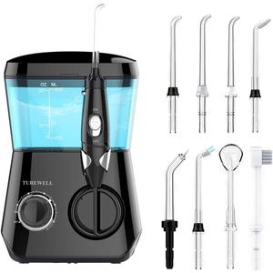 TUREWELL Water Flossing Oral Irrigator, 600ML Dental Teeth Cleaner 10 Adjustable Pressure, Electric Oral Flosser for Braces, 8 Replacement Jet Tips for Family (Black) (Black)
