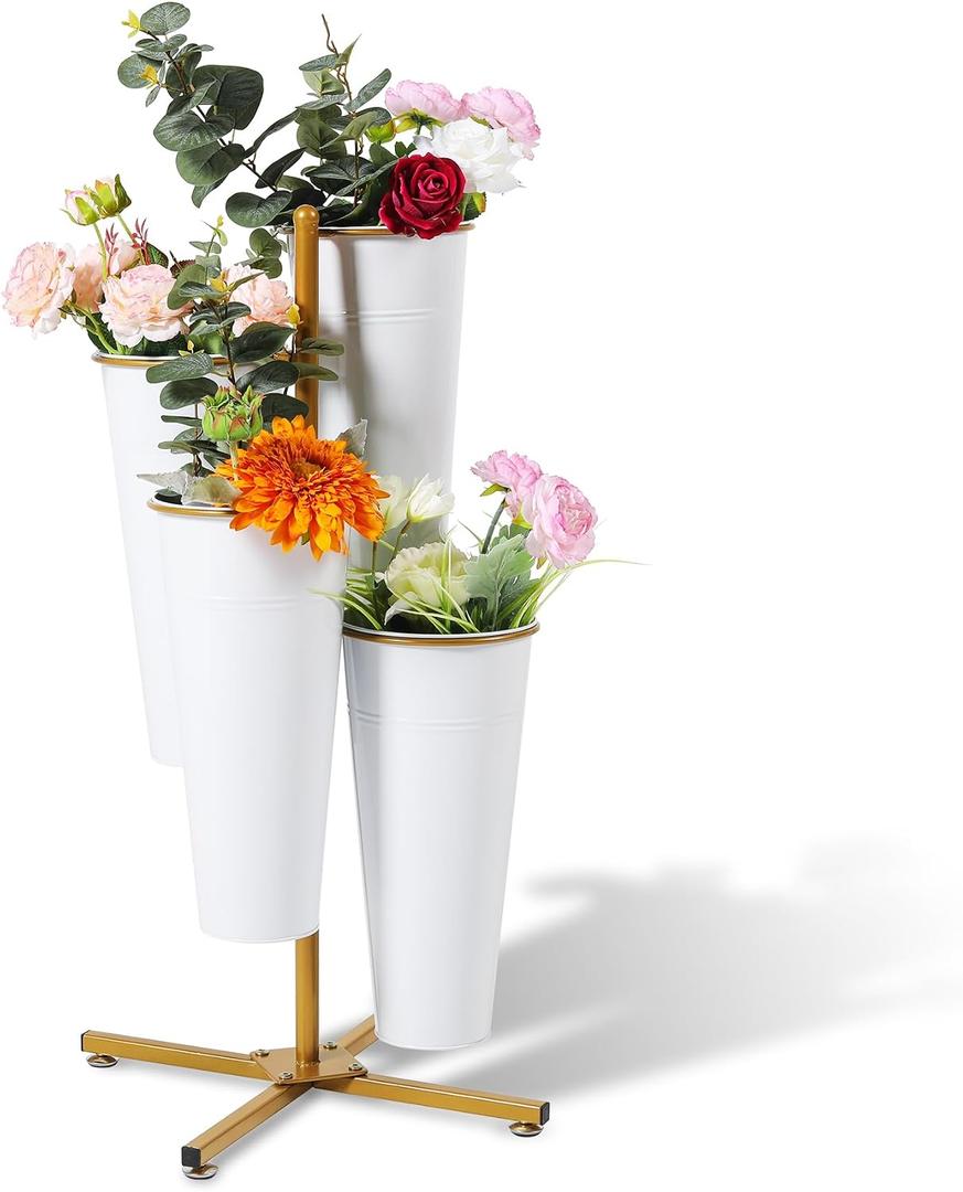 Flower Bar Stand with 4 Metal Buckets, 4 Tier Flower Display Stand, Rotatable Flower Cart Iron Plant Stand for Wedding or Florist Decor, Upgrade Metal Bucket Durable than Plastic Bucket