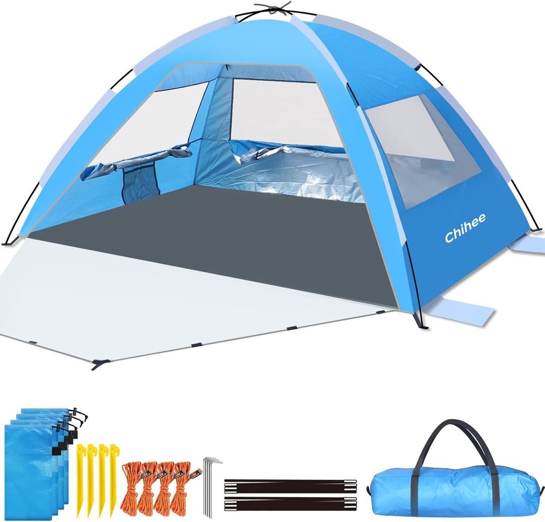 Chihee Beach Tent Camping Sun Shelter for 2-3 Person with UV Protection Silver-Coated Fabric Breathable Mesh Extra Sandbags,Lightweight Easy Setup Portable Beach Shade Canopy Cabana