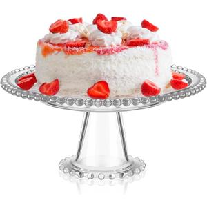 Wenqik 10 Inch Beaded Glass Cake Stand Vintage Clear Cake Stand Cakes Serving Platters Footed Dessert Plate Display Desserts Holder Fruit Serving Tray Display Accessories for Wedding Party Supplies