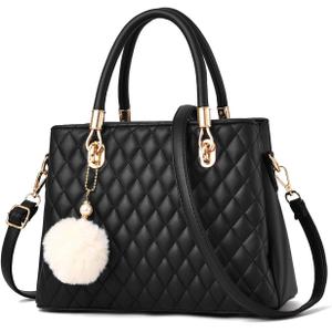 I IHAYNER Womens Leather Handbags Purses Top-handle Totes Satchel Shoulder Bag for Ladies with Pompon (Black)