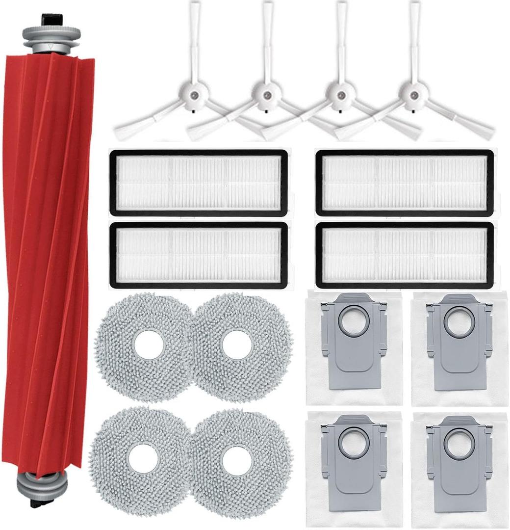Accessories Kit Compatible with Roborock Qrevo S/Qrevo Maxv/Qrevo S/Qrevo Plus Robtic Vacuum Cleaner,17 Spare Parts,1 Main Brush Roller,4 Side Brushe,4 Mop Pads,4 Dust Bags,4 Hepa Filters (White-17)