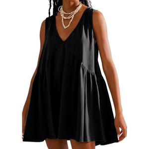 OPCAKM Women's V Neck Sleeveless Mini Dress Loose Summer Pleated Swing Flowy Sundress (Black), Small