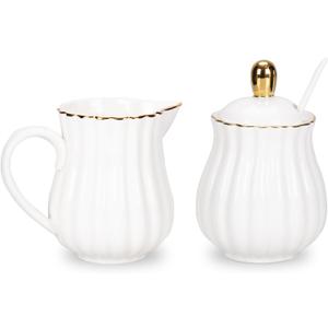 Porcelain Sugar and Creamer Set, British Style Creamer Pitcher and Sugar Jar, Sugar Set with Lid & Spoon, Coffee Serving Set for Home Coffee Tea Party