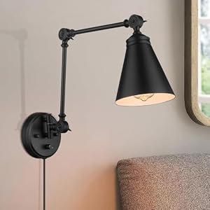 LIROUVET Swing Arm Wall Sconces, Adjustable Plug in Wall Lamp, Industrial Indoor Wall Light with Dimmable On/ Off Switch Plug-in Cord, Black Sconces Wall Lighting for Bedroom, Kitchen, WL02BK-N