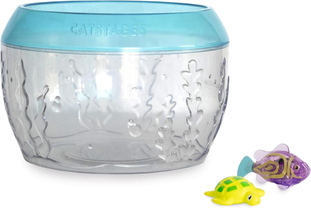 Catstages Meow-smerizing Fish Bowl Cat Toy with Two Water Toys, Electronic Swimming Fish and Floating Turtle Toy Included, Blue (One-Size)