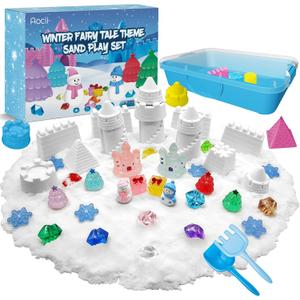 Aocii Kids Sensory Bin Sand Kit, Winter Fairy Tale Theme Sand Play Set, Toddlers Sandbox, Role Pretend Play Snowfield Toy Christmas Birthday, Gift for Girls Boys 3 4 5 6 7 8 9 Years