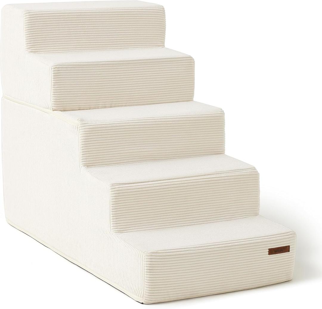 Lesure Dog Stairs for Small Dogs and Cats Foldable Pet Steps for High Beds and Couch with CertiPUR-US Certified Foam and Non-Slip Bottom, Beige, 5 Steps