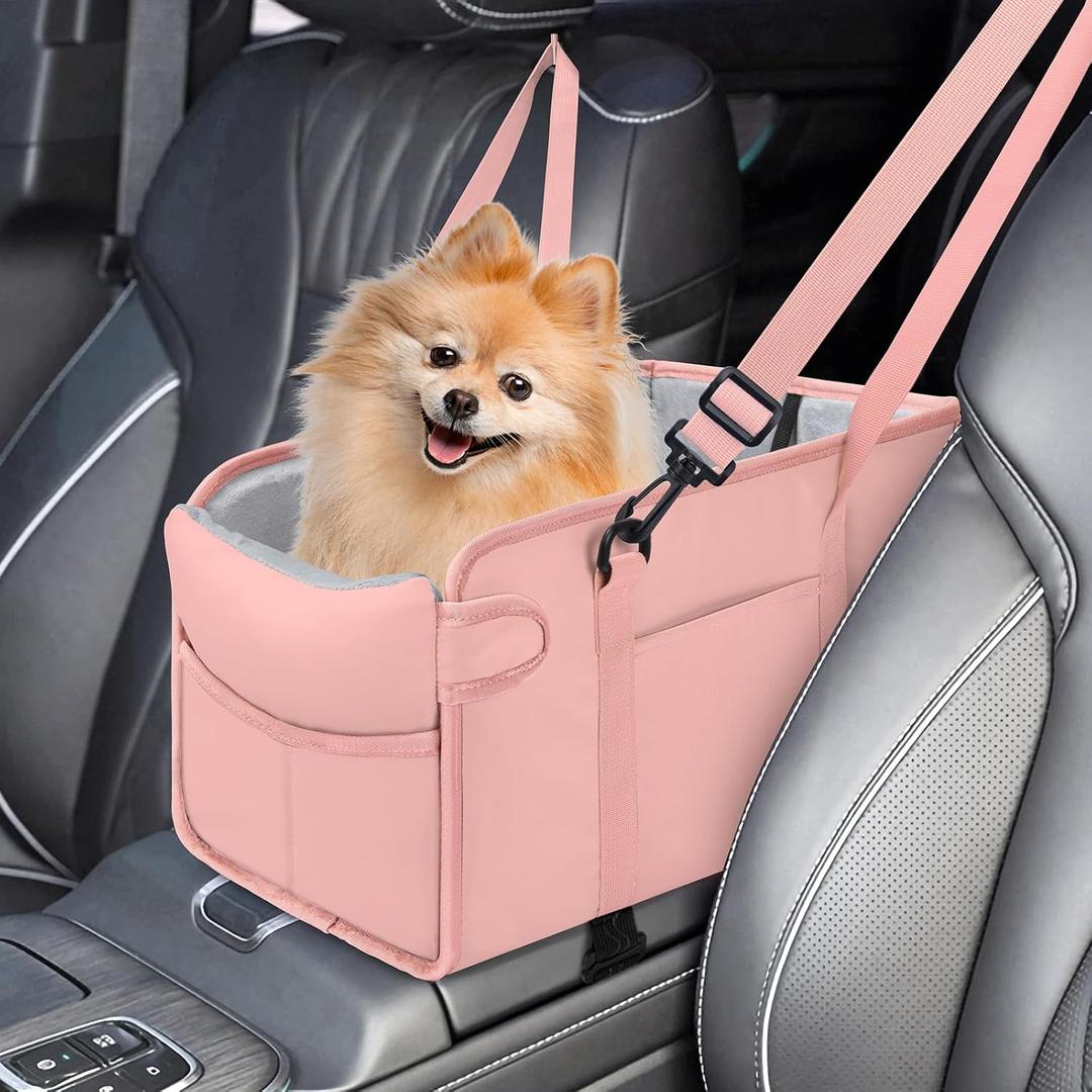 Portable Dog Car Seat for Small Dogs - Adjustable Safety Leash, Washable Cushion & Storage Pocket - Pet Booster Seat for Car Travel- Pink