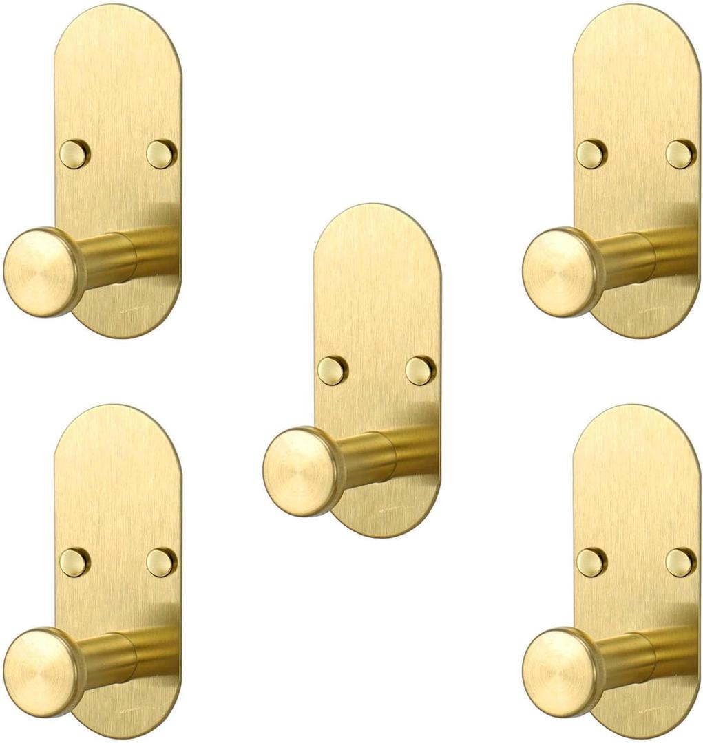 TocTen Adhesive Hook - Heavy Duty Sticky Towel/Robe Hooks, Waterproof Stainless Steel Shower Hook, No Drill Stick on Wall Coat/Clothes Hooks for Bathroom, Kitchen, and Offices (Brushed Gold, 5 Pack)