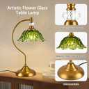 Vintage Table Lamp with a Floral Green Glass Shade, A Plug-in Nightstand Lamp in Matte Brass Finish for Bedroom, Living Room, Office, and Desk