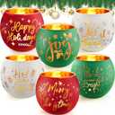 Vesici Christmas Candle Holder Set of 6 Votive Candle Holders Red Green White Glass Tealight Holder Bulk with 6 Laser Engraving Patterns Xmas Wishes Gift for Winter Christmas Table Centerpiece Decor