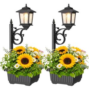 2 Pack Outdoor Flower Pots 2 in 1, Solar Post Lamps Waterproof, Solar Lamp Post Lights, Wall Mount or Freestanding, Outdoor Decorative Lamp for Garden, Patio, Front Porch, Back Door, Warm White