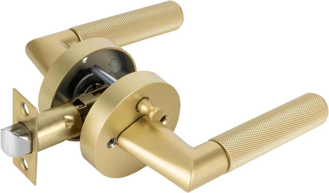 Bak Bo Interior Privacy Door Handle with Lock, Indoor Knurled Heavy Duty Gold Door Lever Satin Brass Finish, Reversible Keyless Left Right Handed Round Turn Lockset for Bedroom & Bathroom 3 Pack
