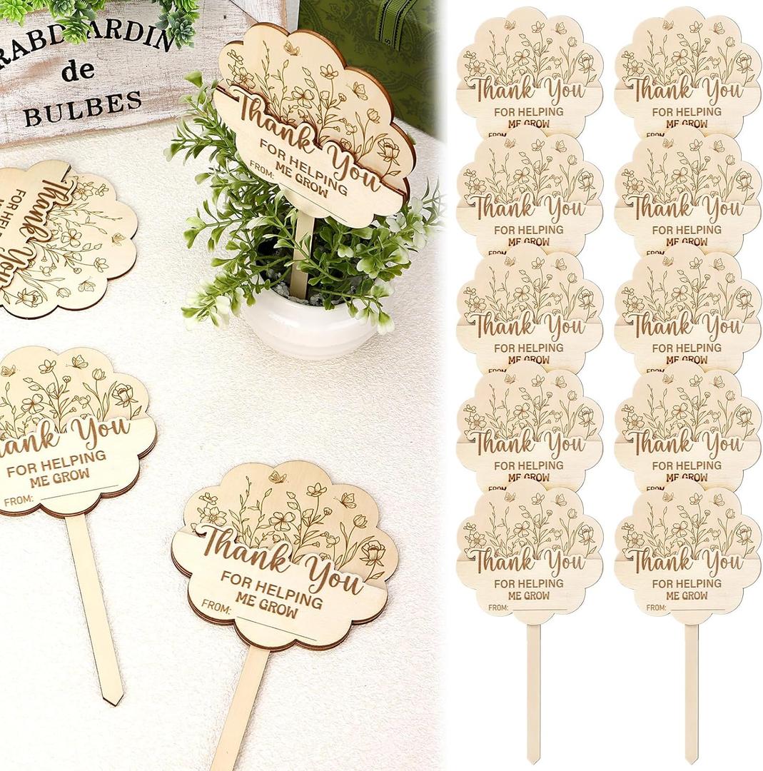 10 Pcs Thank You for Helping Me Grow Wooden Plant Stakes Gifts Card Holder Teacher Appreciation Thanks Tags Labels Sign for Succulent Planter in Pots