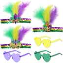6 Pcs Mardi Gras Accessories Feather Headband for Woman, Heart Shape Sunglasses Set Purple Yellow Green Glitter, Feather Sequin Fascinators for Masquerade Party Carnival Cocktail