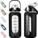 kytffu 64oz Glass Water Bottles with Straw, Half Gallon Motivational Glass Bottle with Silicone Sleeve and Time Marker, 2L Leakproof Large Glass Water Jug for Gym Home Office,Black
