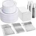 GATHER 700PCS Silver Plastic Plates - Silver Disposable Dinnerware Sets 100 Guest Include 200 Plates, 300 Silverware, 100 Napkins, 100 Cups For Wedding & Party